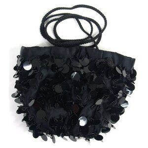 Vintage Steve Madden Sequin + Beaded 1990s Purse Evening Bag Black Satin Poof